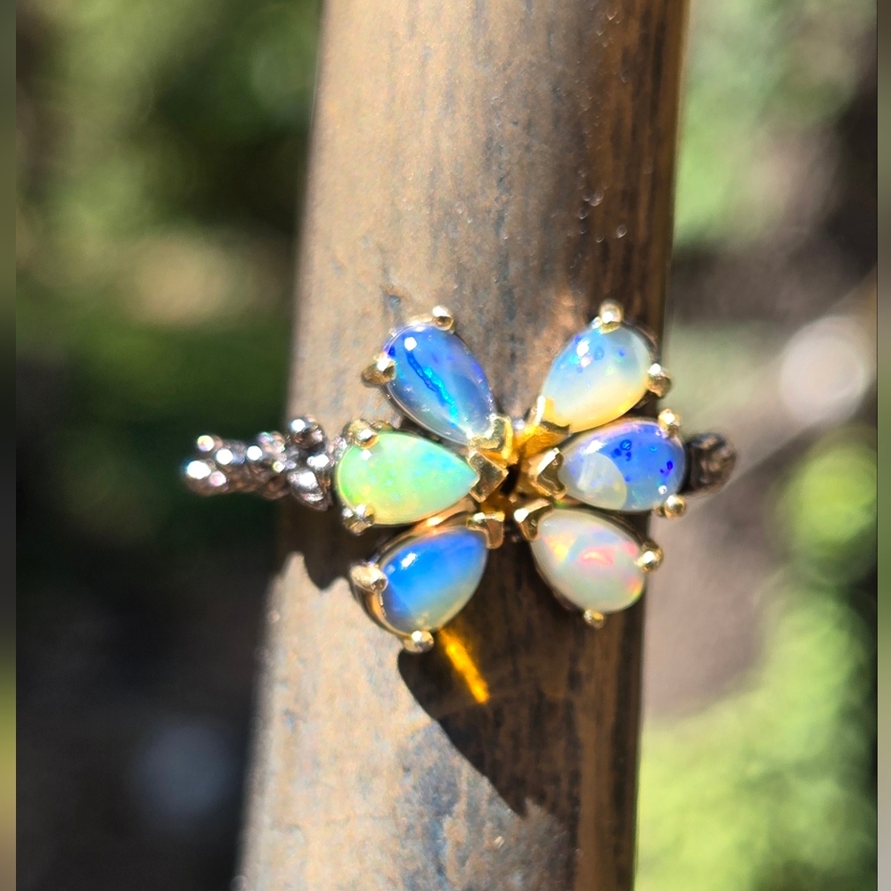 Opal Natural Sterling Rhodium & Gold Flower Ring Sz5.5 - Picture 7 of 9